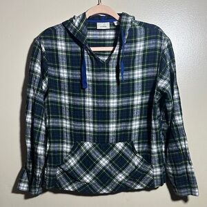 L.L. Bean Green Blue Plaid Flannel Hooded‎ Comfy Pullover | XS